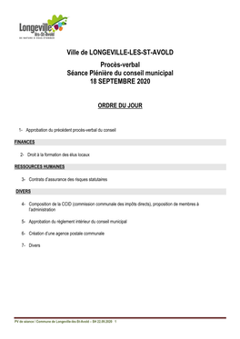 Ville De LONGEVILLE-LES-ST-AVOLD Procès-Verbal Séance Plénière Du Conseil Municipal 18 SEPTEMBRE 2020