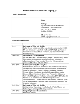 Curriculum Vitae – William F. Aspray, Jr