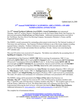 37 Annual NORTHERN CALIFORNIA AREA EMMY® AWARD NOMINATIONS ANNOUNCED