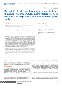 Bacteria in Blood from Fibromyalgia Patients Include the Aquabacterium Genus, Producing Metabolites with Inflammatory Propertiesin Vitro