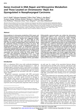 Genes Involved in DNA Repair and Nitrosamine Metabolism and Those Located on Chromosome 14Q32 Are Dysregulated in Nasopharyngeal Carcinoma