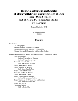 Rules, Constitutions and Statutes of Medieval Religious Communities of Women (Except Benedictines) and of Related Communities of Men: Bibliography