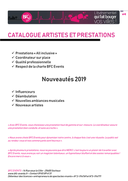 CATALOGUE ARTISTES ET PRESTATIONS Nouveautés 2019