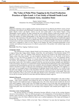 The Value of Palm Wine Tapping in the Food Production Practices of Igbo-Land: a Case Study of Idemili South Local Government Area, Anambra State