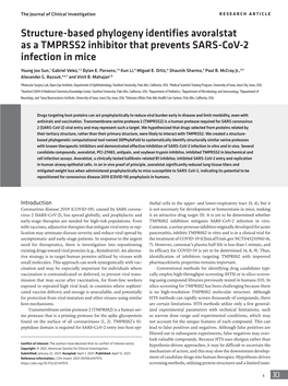 Structure-Based Phylogeny Identifies Avoralstat As a TMPRSS2 Inhibitor That Prevents SARS-Cov-2 Infection in Mice