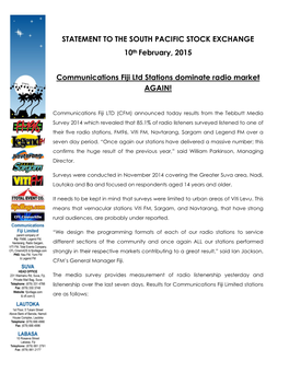 STATEMENT to the SOUTH PACIFIC STOCK EXCHANGE 10Th February, 2015