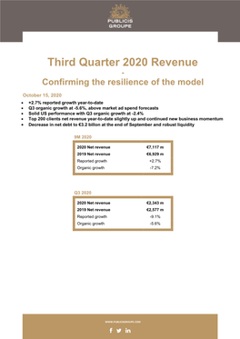 Third Quarter 2020 Revenue - Confirming the Resilience of the Model