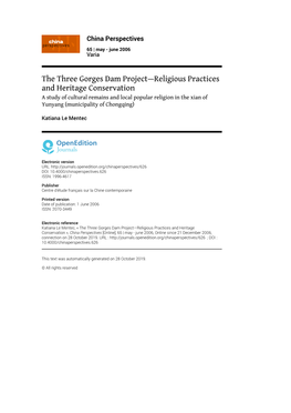 China Perspectives, 65 | May - June 2006 the Three Gorges Dam Project—Religious Practices and Heritage Conservation 2