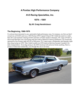 A Pontiac High Performance Company H-O Racing Specialties