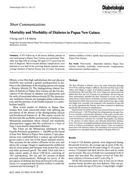 Mortality and Morbidity of Diabetes in Papua New Guinea