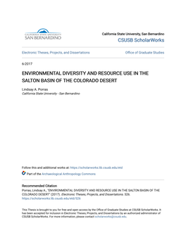 Environmental Diversity and Resource Use in the Salton Basin of the Colorado Desert