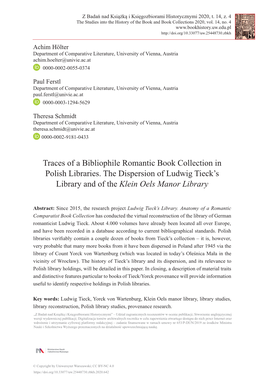 Traces of a Bibliophile Romantic Book Collection in Polish Libraries. the Dispersion of Ludwig Tieck's Library and of the Klei