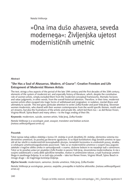 Ona Ima Dušo Ahasvera, Seveda Modernega«: Življenjska Ujetost Modernističnih Umetnic