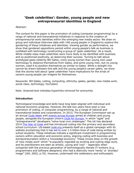 Geek Celebrities’: Gender, Young People and New Entrepreneurial Identities in England