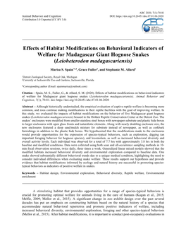 Effects of Habitat Modifications on Behavioral Indicators of Welfare for Madagascar Giant Hognose Snakes (Leioheterodon Madagascariensis)