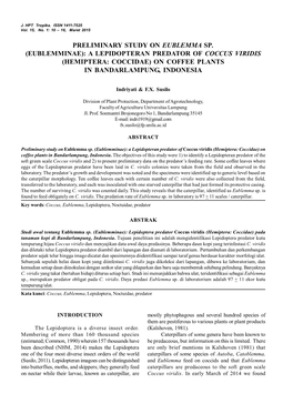 Preliminary Study on Eublemma Sp. (Eublemminae): a Lepidopteran Predator of Coccus Viridis (Hemiptera: Coccidae) on Coffee Plants in Bandarlampung, Indonesia