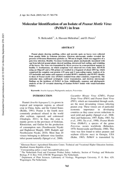 Molecular Identification of an Isolate of Peanut Mottle Virus (Pemov) in Iran