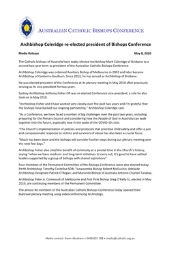 Archbishop Coleridge Re-Elected President of Bishops Conference