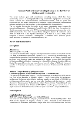 Vascular Plants of Conservation Significance on the Territory of the Kyustendil Municipality Review and Characteristics Sporepla