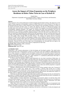 Assess the Impact of Urban Expansion on the Periphery Residence in Debre Tabor Town in Case of Kebele 01