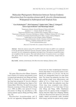 Molecular Phylogenetic Distinction Between Taiwan Endemic Rhynchotechum Brevipedunculatum and R. Discolor (Gesneriaceae) Widespread in Subtropical and Tropical Asia