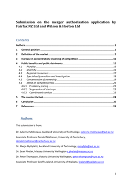 Submission on the Merger Authorisation Application by Fairfax NZ Ltd and Wilson & Horton Ltd Contents Authors