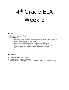 4Th Grade ELA Week 2