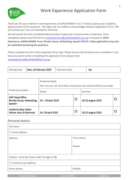 Work Experience Application Form