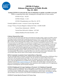 COVID-19 Update Alabama Department of Public Health May 25, 2021 Getting COVID-19 Vaccine Into the Arms of Alabamians As Quickly As Possible Is Our Goal