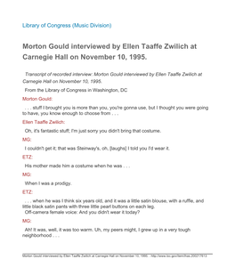 Morton Gould Interviewed by Ellen Taaffe Zwilich at Carnegie Hall on November 10, 1995