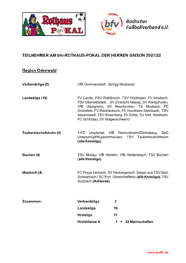 TEILNEHMER AM Bfv-ROTHAUS-POKAL DER HERREN SAISON 2021/22