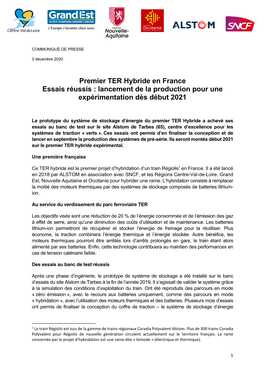 Premier TER Hybride En France Essais Réussis : Lancement De La Production Pour Une Expérimentation Dès Début 2021