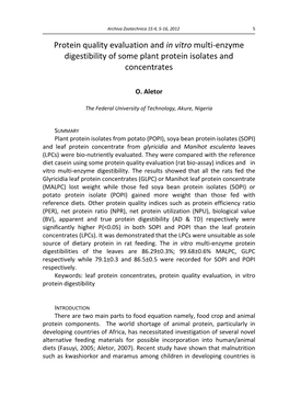 Protein Quality Evaluation and in Vitro Multi-Enzyme Digestibility of Some Plant Protein Isolates and Concentrates