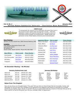 Vol. 9, No. 1 January 2013 United States Submarine Veterans - Charleston Base Newsletter