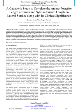 A Cadaveric Study to Correlate the Antero-Posterior Length of Insula and Sylvian Fissure Length on Lateral Surface Along with Its Clinical Significance