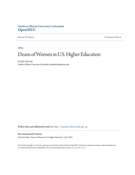 Deans of Women in U.S. Higher Education Kaitlin Schmitt Southern Illinois University Carbondale, Schmitt.Kaitlin@Siu.Edu