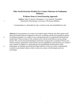 Title: Social Structure Predicts Eye Contact Tolerance in Nonhuman Primates: Evidence from a Crowd-Sourcing Approach Authors: Ethan G