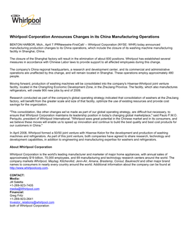 Whirlpool Corporation Announces Changes in Its China Manufacturing Operations