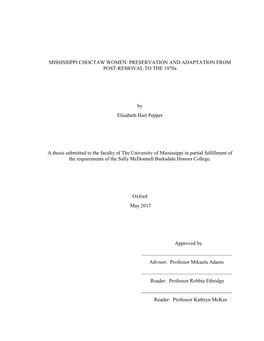 MISSISSIPPI CHOCTAW WOMEN: PRESERVATION and ADAPTATION from POST-REMOVAL to the 1970S