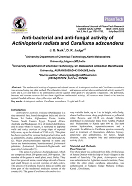 Anti-Bacterial and Anti-Fungal Activity of Actiniopteris Radiata and Caralluma Adscendens