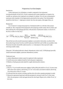 Preparation of an Iron Complex Introduction in This Experiment You Will Prepare a Complex Compound of Iron; Potassium Trioxalatoferrate(III), K3fe(C2O4)3