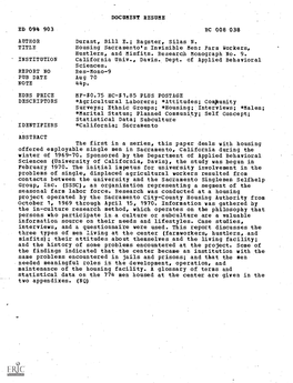 Ragster, Silas N. TITLE Housing Sacramento's Invisible Men: Farm Workers, Hustlers, and Misfits