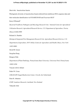 Short Title: Insecticolous Fusaria Phylogenetic Diversity Of