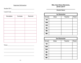 Milton High School 2016—2017 Student ID #______Student Name Lunch Code______