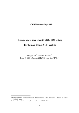 Damage and Seismic Intensity of the 1996 Lijiang Earthquake, China: A