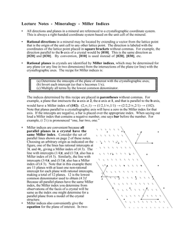 Lecture Notes - Mineralogy - Miller Indices ¥ All Directions and Planes in a Mineral Are Referenced to a Crystallographic Coordinate System