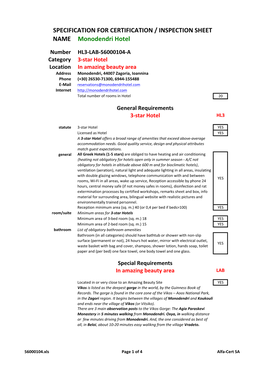 SPECIFICATION for CERTIFICATION / INSPECTION SHEET NAME Monodendri Hotel