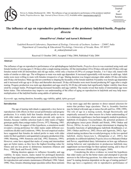 The Influence of Age on Reproductive Performance of the Predatory Ladybird Beetle, Propylea Dissecta