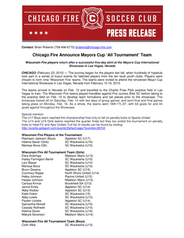 Chicago Fire Announce Mayors Cup 'All Tournament'