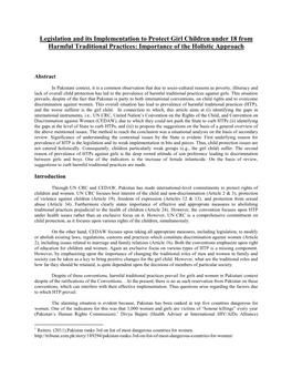 Legislation and Its Implementation to Protect Girl Children Under 18 from Harmful Traditional Practices: Importance of the Holistic Approach